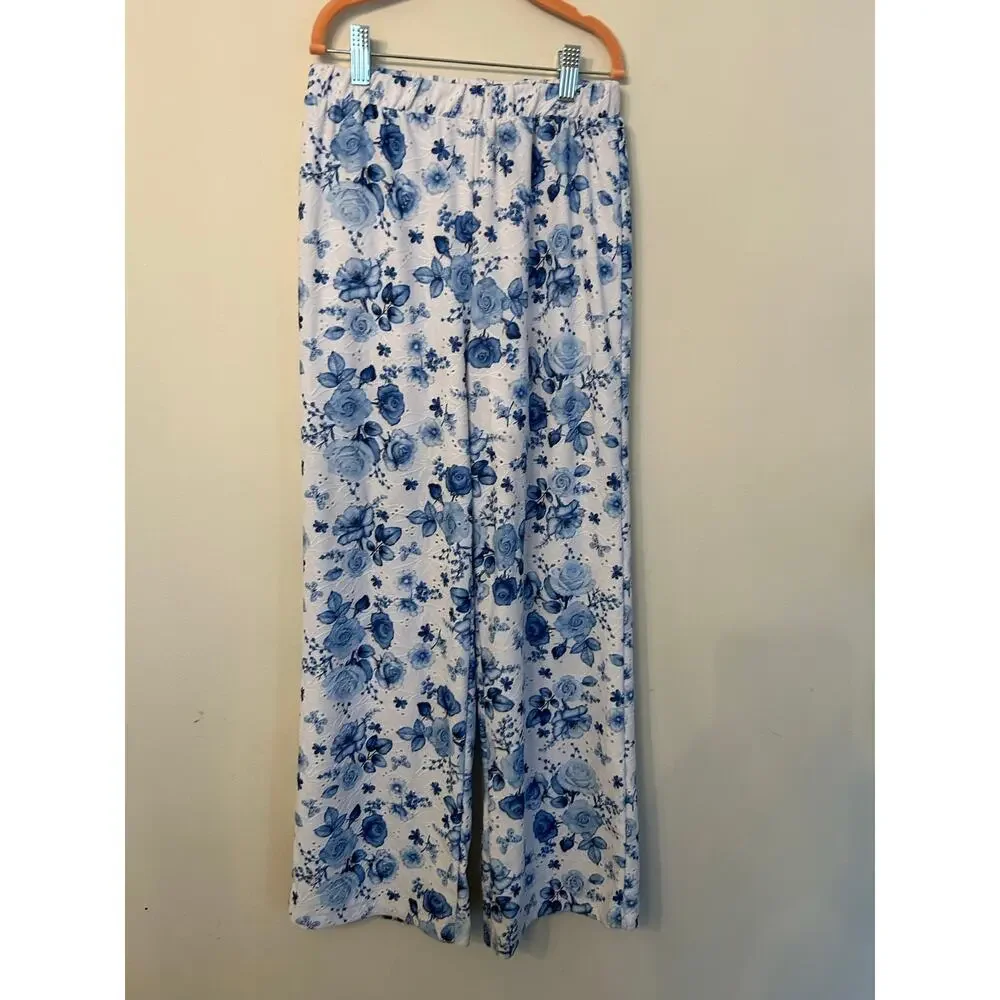 Tahari Girls Blue White Floral 2 Pc Matching Set Peplum Top Wide Leg Pants Sz 12